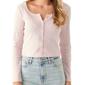 Set Active Pointelle Button Front Long Sleeve Crop Top Pink - Size S